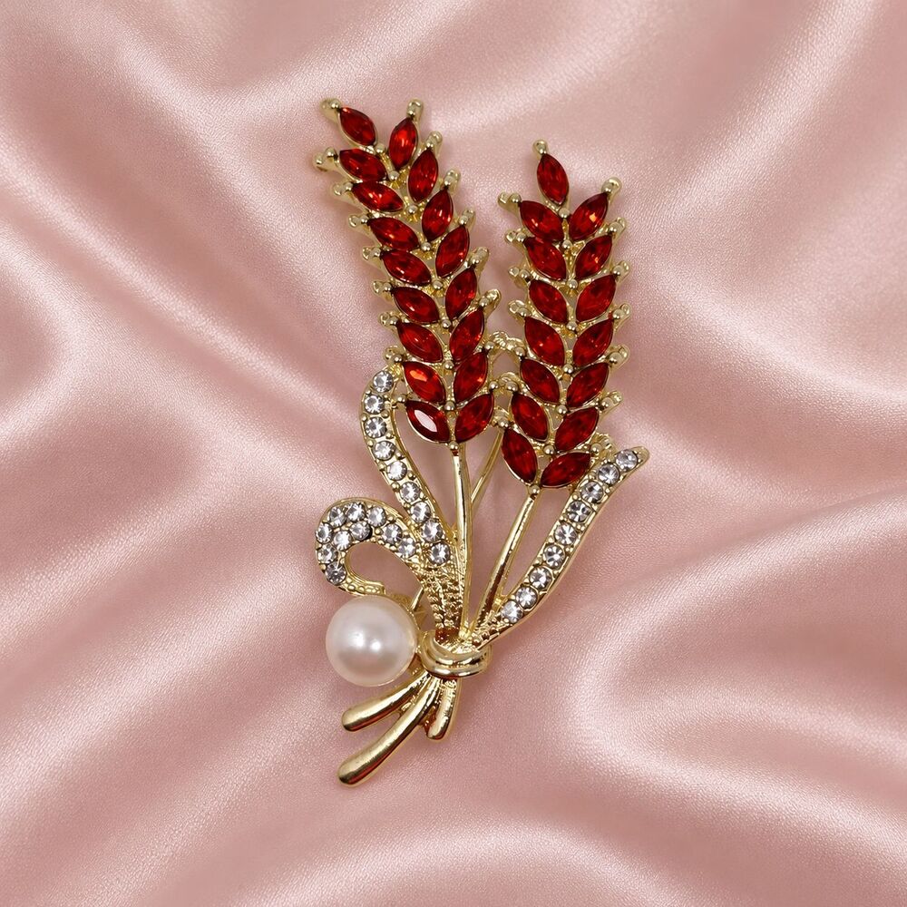Red Rhinestone Wheat Stalk Brooch Gold Tone Faux Pearl Clear Stone Pin